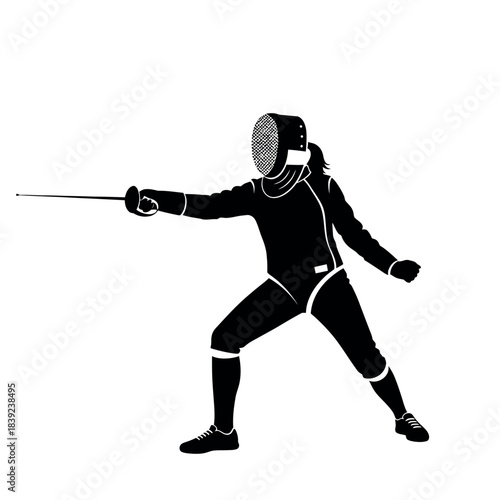 Fencer in action with foil weapon black and white silhouette.