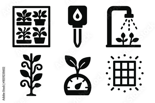 Brutalist Plant Icons. Indoor Green Wall Set silhouette set: wall-mounted planter, moisture sensor, irrigation nozzle, vine growth icon, plant health indicator, light diffusion