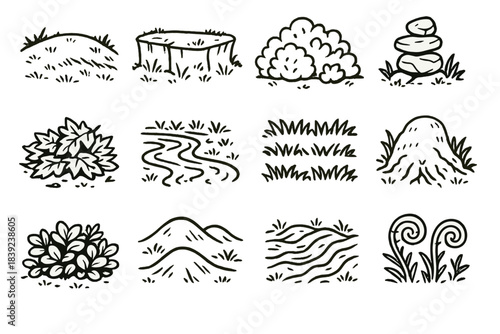 Lush Nature Icons. Lush Nature Grounds linear set: meadow ridges, verdant plateaus, shrub clumps, stone stacks, leaf piles, miniature streams, grass layers, root mounds,