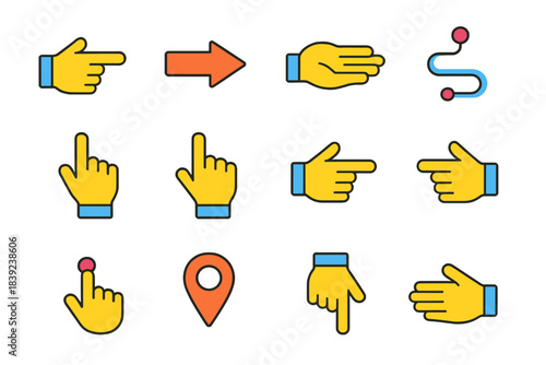 Guiding Gesture Icons. Guiding & Pointing Gestures isometric flat set: forward point hand, directional arrow, open-hand guide, path indication icon, upward point, downward cue,