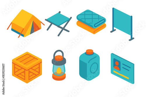 Relief Equipment Icons. Relief Accommodation Items isometric flat set: tent module, folding bed, insulated blanket, privacy panel, supply crate, portable lamp, water tank icon,