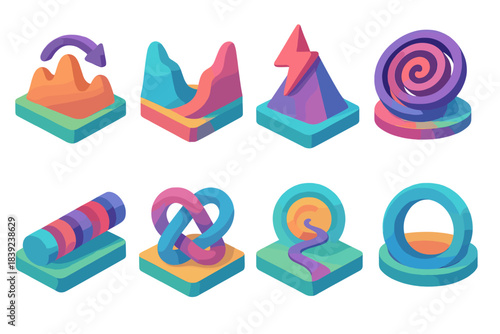 Emotional Landscape Icons. Inner Tension Landscapes flat isometric set: emotional pressure ridge, conflicting-thought valley, tension peak icon, restless mind swirl, strain-field