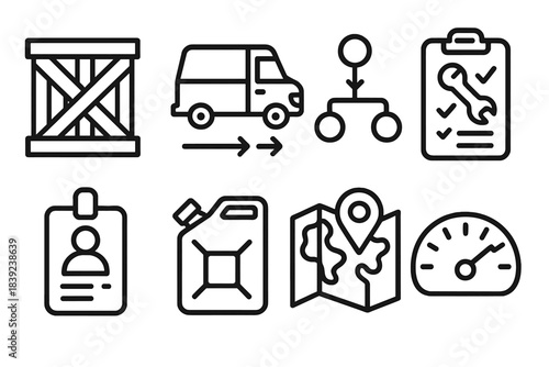Logistics Resource Icons. Resource Mobilization Suite linear set: supply crate, transport van icon, logistics flow line, equipment checklist, volunteer badge, fuel can,