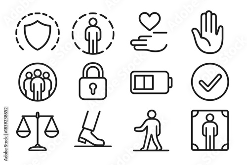 Icons of Stability. Healthy Boundaries & Stability linear set: boundary shield, personal space icon, emotional limits line, respectful pause, firm-but-kind gesture, trust circle,