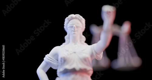 3D rendering Lady Justice blinded bust. Original printed 3D model. Fair woman allegory symbole of law and justice. fine light, black background..