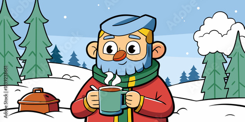 man drinking hot tea in winter forest.