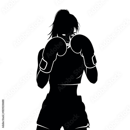 Silhouette of a female boxer in fighting stance.