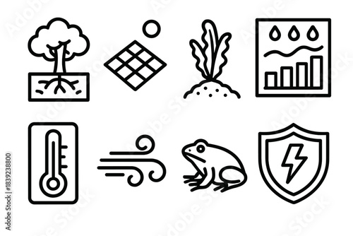 Climate Resilience Icons. Climate Resilience Suite linear set: carbon sink tree, resilient landscape grid, drought-tolerant plant, rainfall pattern chart, temperature band icon,