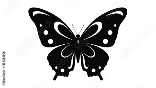 A striking black and white illustration of a symmetrical butterfly design