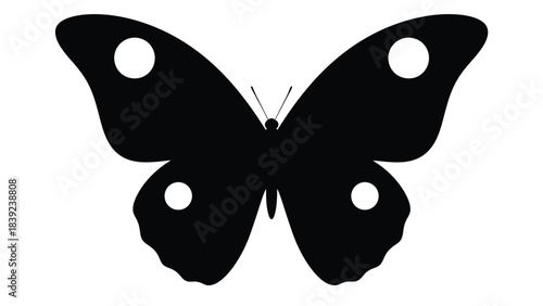 A simple black silhouette of a butterfly with circular markings on its wings
