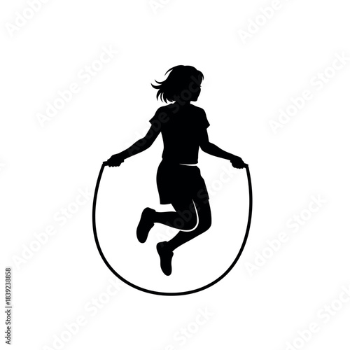 Silhouette of a girl skipping rope dynamic and energetic pose isolated on white background.