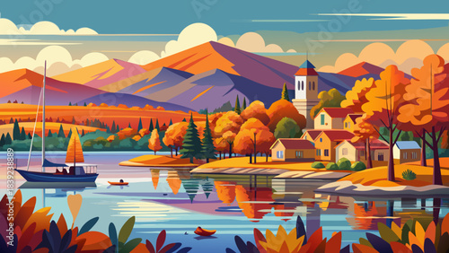 Very beautiful Burlington Vermont waterfront along Lake Champlain, showcasing calm reflections, autumn colors, and distant mountains under soft warm light for elegant landscape compositions.