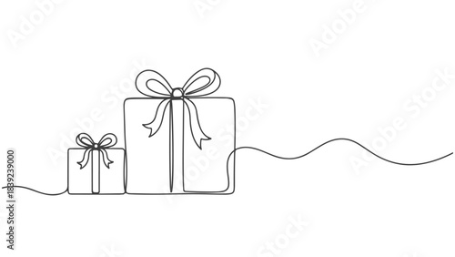 A minimalist line drawing of two gift boxes, one large and one small, tied with bows, on a white background.