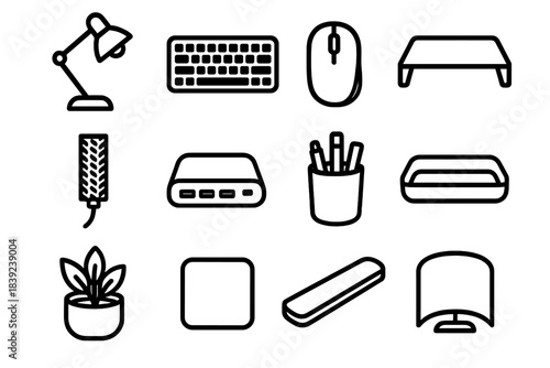 Modern Desk Essentials. Productive Desk Essentials linear set: adjustable lamp, Bluetooth keyboard, silent-click mouse, monitor stand, cable sleeve, USB-C dock, pen caddy, storage