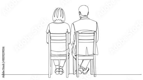A minimalist line drawing depicts an elderly couple sitting side-by-side on chairs, viewed from behind, holding hands.