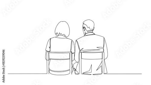 A minimalist line drawing depicts an elderly couple sitting side-by-side, viewed from behind, facing an unseen horizon.