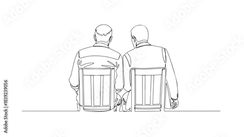 Two men sitting side-by-side, viewed from behind, in a minimalist line art style.