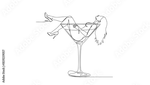 A minimalist line drawing depicts a woman reclining inside a large martini glass, with her legs and arms elegantly posed.