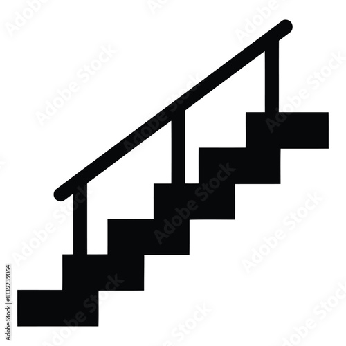 Black staircase with handrail going upwards on a white background