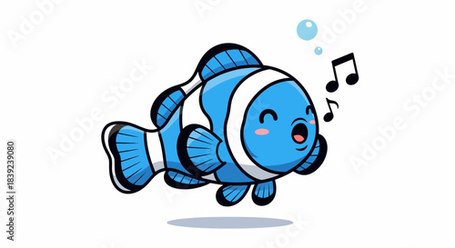 Charming cartoon clownfish singing with musical notes and bubbles floating around.