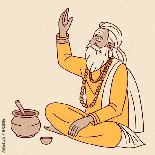 Illustration of a white-bearded sage in yellow robes with prayer beads, seated and raising one hand in blessing, surrounded by ritual items.