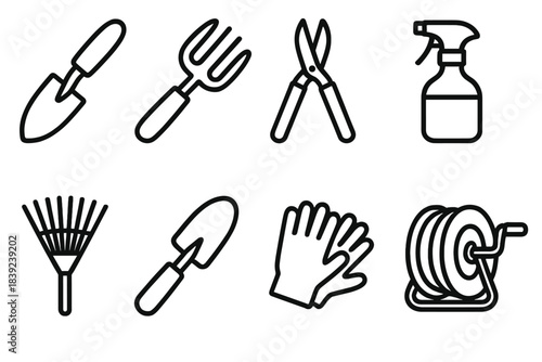 Gardening Tools Icons. Outdoor gardening kit linear set: spade, cultivator, loppers, spray bottle, leaf rake, soil scoop, garden gloves, hose reel.