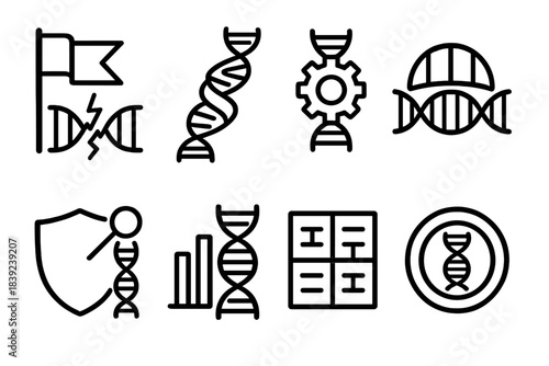 Genome Protection Icons. Genome protection processes linear set: damage flag, correction coil, repair hub, chromatin barrier, surveillance node, response bar, base-pair check tile,