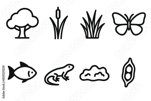 Ecosystem Icon Array. Ecosystem variety elements linear set: tree canopy, wetland reed, grassland tuft, butterfly, fish silhouette, reptile icon, moss patch, seed pod.