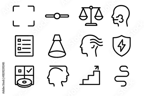 Clarity and Focus Icons. Clear Thinking Aids linear set: focus frame, thought alignment bar, cognitive balance scale, organized notes tile, clarity spotlight, mindful breath mark,