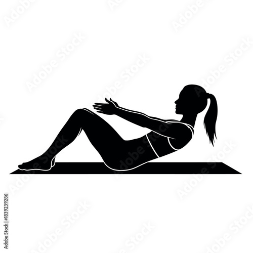 Silhouette of a Woman Performing an Abdominal Crunch Exercise on a Yoga Mat.