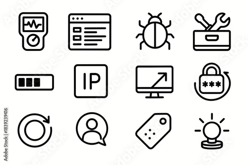 Technical Support Icons. Technical Assistance Icons linear set: diagnostic tool, system log window, bug symbol, repair toolkit, loading bar, IP address tile, network ping arrow,