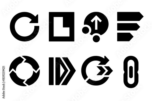 Circular Supply Icons. Integrated Circular Supply Set silhouette set: closed-loop arrow, component recovery tile, recycled-input node, regenerative flow bar, multi-stage reuse ring