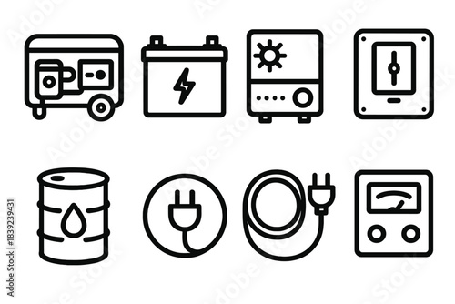 Power Backup Essentials. Power backup essentials linear set: generator housing, battery bank, solar inverter, transfer switch, fuel drum, charge port, power cable, output meter.