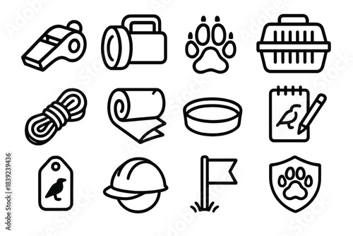 Wildlife Response Icons. Wildlife Emergency Response linear set: signal whistle, search lantern, tracking footprint icon, safe containment box, rope coil, thermal wrap, emergency