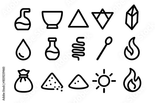 Alchemical Tools Icons. Alchemical Tools Collection linear set: alembic flask, crucible cup, elemental triangle, salt symbol shard, purified water droplet, essence vial, reaction