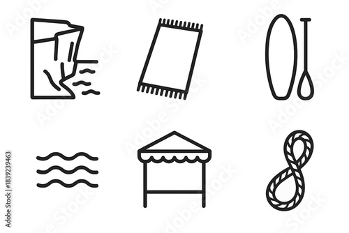 Coastal Activity Icons. Coastal Activity Elements linear set: cliff overlook, beach towel, paddleboard silhouette, tide ripple, shaded cabana, harbor rope.