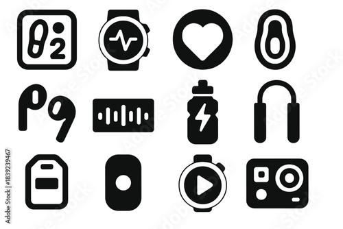 Bold Sports Icon Set. Sports Tech Accessories silhouette set: pace tracker tile, workout watch, HR monitor dot, GPS foot pod, sport earbuds, motion beacon bar, hydration alert