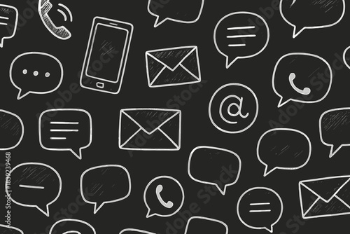 Communication Icons Art. An assortment of communication-themed icons, featuring a smartphone, envelope, and speech bubble. The icons are sketched in a consistent line style, placed