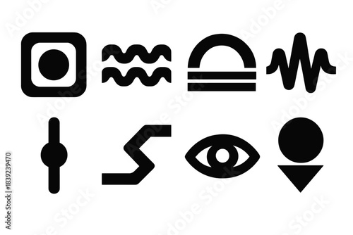 Brutalist Focus Icons. Mindful focus pathways silhouette set: attention node tile, thought stream bar, clarity arc, calm pulse, concentration bead, focus path strip, awareness icon