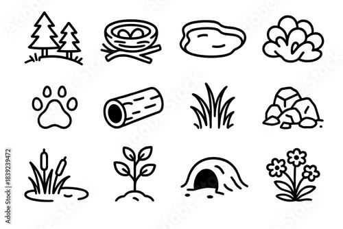 Wildlife Habitat Icons. Wildlife–Habitat Balance linear set: forest clearing, bird nest, watering hole, shrub cluster, animal footprint, hollow log, grass tuft, rocky outcrop, pond