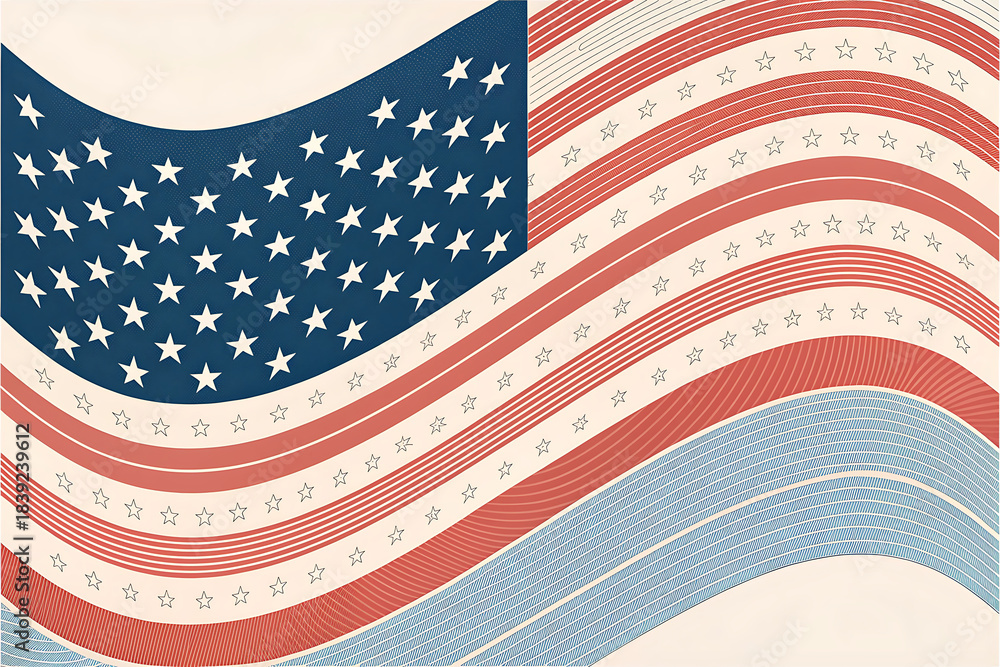 Obraz premium Minimal vector American flag waves forming soft abstract curves, red white blue palette.