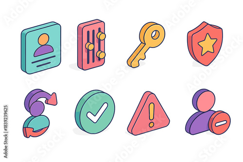 User Management Icons. User management set isometric flat set: profile card, settings slider, authentication key, role badge, account switch icon, verification mark, alert panel,