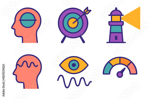 Cognitive Stability Icons. Cognitive Stability Contrast flat set: stable thought line, aligned intention symbol, clarity beacon, distorted thinking wave, wobbling viewpoint, chaos