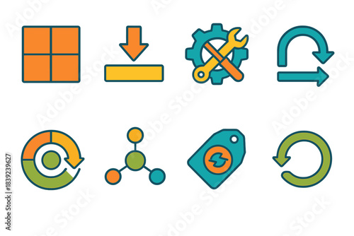 Vibrant Sustainability Icons. Long-life manufacturing models flat set: modular block tile, replaceable piece bar, repair hub, reuse path icon, resource cycle bar, sustainability