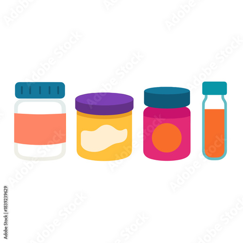 Mixed-Media Art Supplies. Mixed-Media Materials flat set: gesso jar, texture paste cup, pigment powder vial.