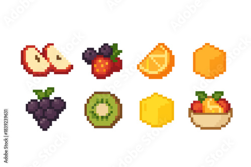 Pixel Fruit Icons. Fresh Fruit Bites pixel style set: apple slices, berry mix, citrus wedge, melon cube, grape cluster, kiwi round, pineapple chunk, fruit bowl icon. .
