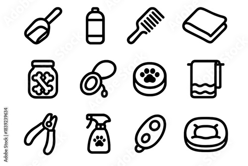 Pet Care Essentials. Everyday Pet Care Symbols linear set: feeding scoop, hydration bottle, comb, cozy blanket, treat jar, walking leash, paw balm, pet towel, nail trimmer,