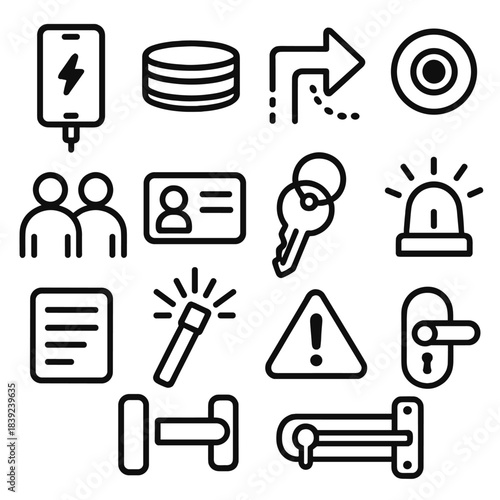 Safety Preparedness Icons. Daily Safety Preparedness linear set: charged phone, reflective band, safe-route arrow, door peephole, travel buddy icon, info card, backup key, alert