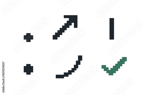 Pixel Progress Icons. Progress Steps pixel style set: starting point, rising arrow, mid-step bar, milestone dot, upward curve, completed marker.