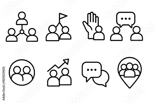Teamwork Icon Set. Supportive team dynamics linear set: collaboration node, shared goal tile, encouragement hand, communication bar, trust circle, alignment arrow, feedback bubble,
